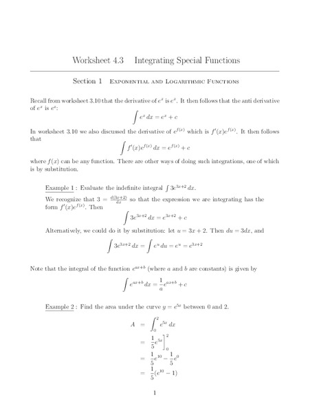 Integrating Special Functions Worksheet
