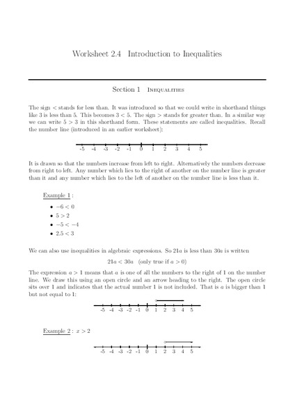 Worksheet 2.4 Introduction to Inequalities Worksheet