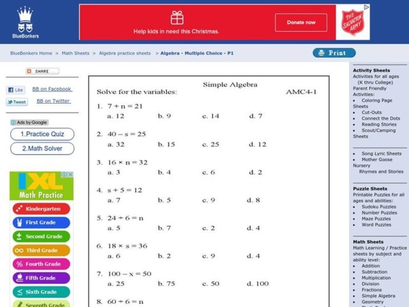 Simple Algebra Worksheet