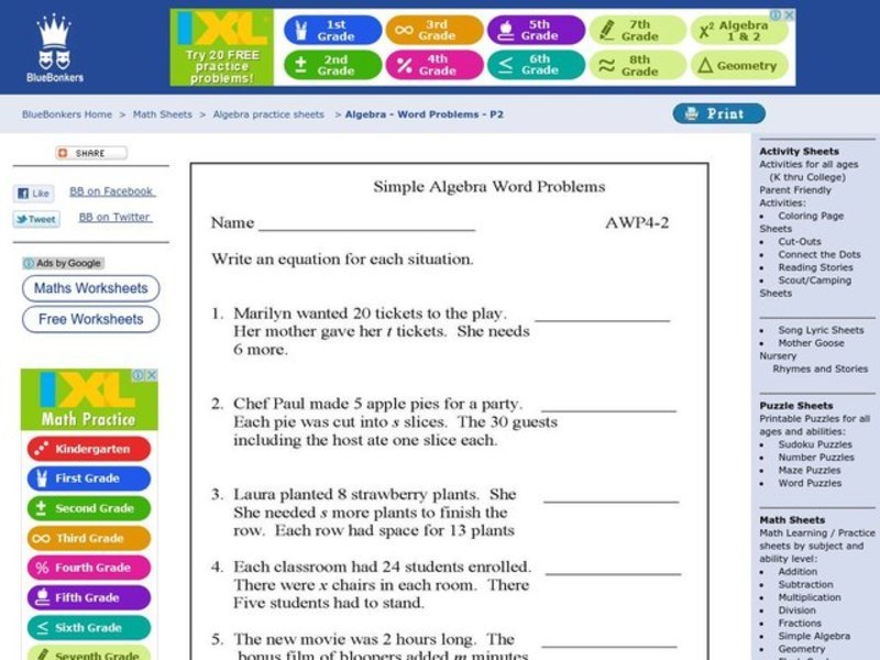 Simple Algebra Word Problems Worksheet