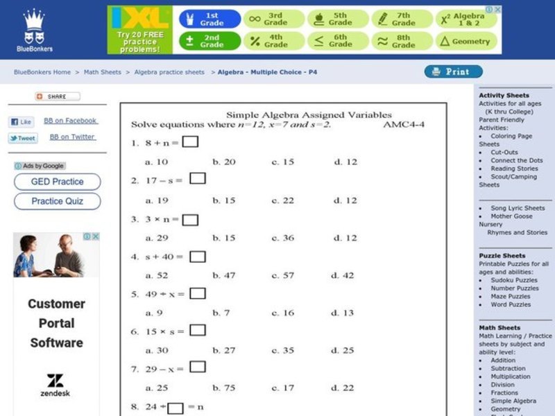Simple Algebra Assigned Variables Worksheet