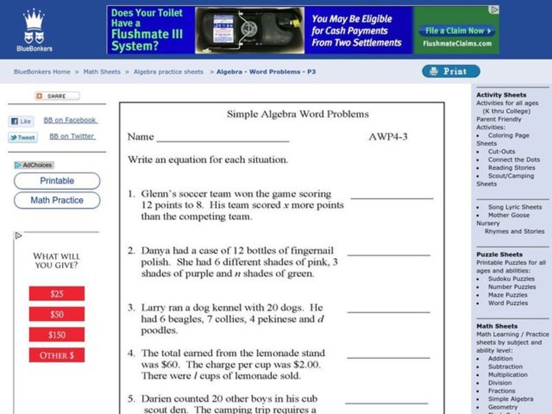 Simple Algebra Word Problems Worksheet