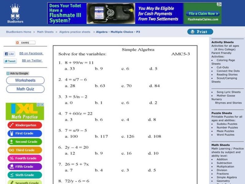 Simple Algebra Worksheet Worksheet