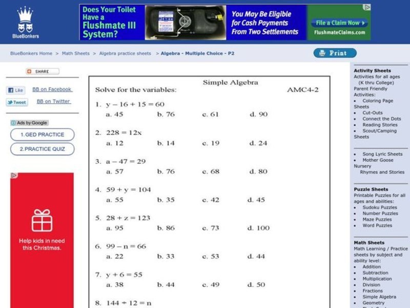 Algebra Worksheet Worksheet