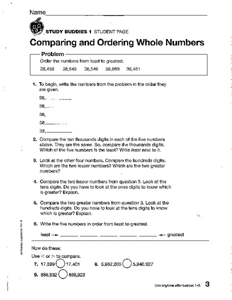Comparing and Ordering Whole Numbers Worksheet