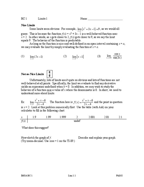 Limits Worksheet