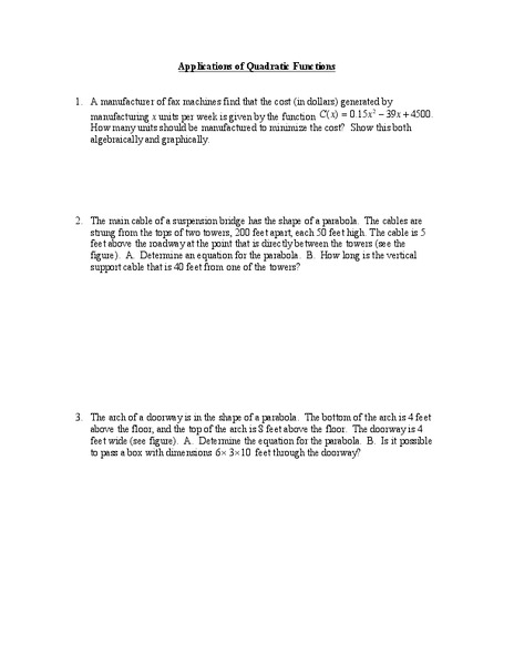Applications of Quadratic Functions Worksheet