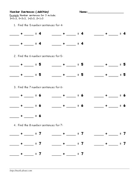 Number Sentences Worksheet
