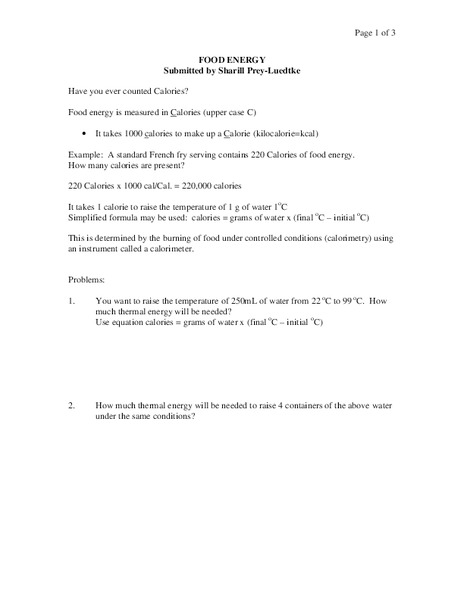 Food Energy Worksheet