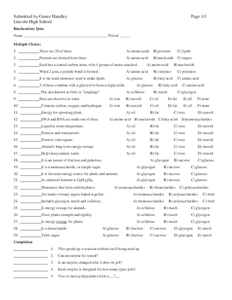 Biochemistry Quiz Worksheet