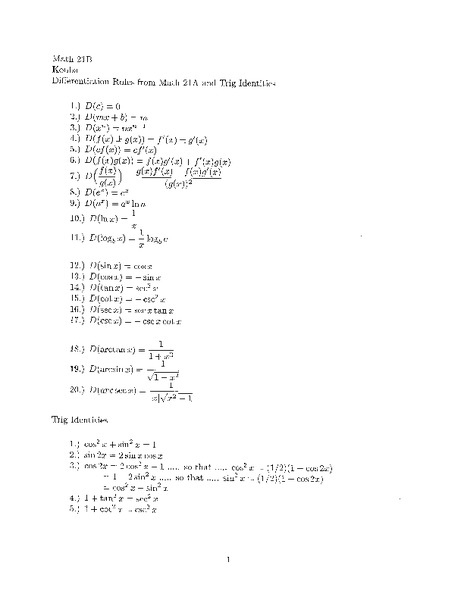 Differentiation Rules for Math 21A and Trig Identities Worksheet