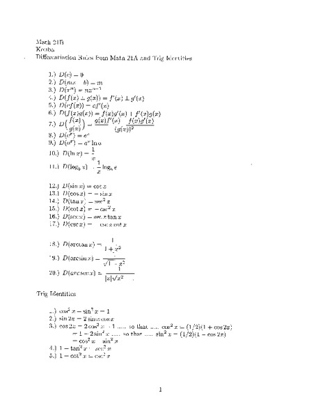 Differentiation Rules Math 21A and Trig Identities Worksheet