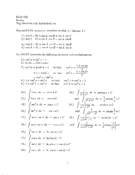 Trig Identities and Antiderivatives Worksheet