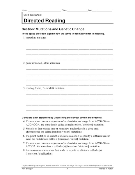 Mutations and Genetic Change Worksheet