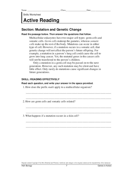 Mutation and Genetic Change Worksheet