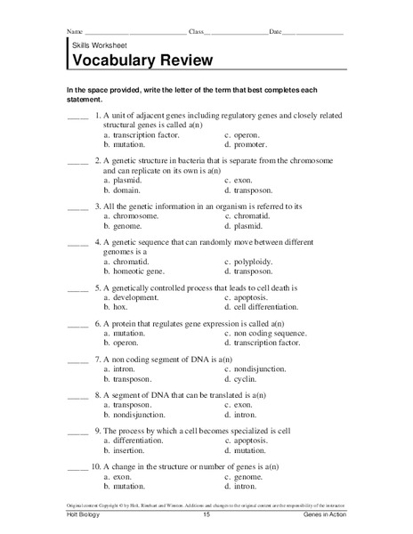 Genetic Vocabulary Review Worksheet