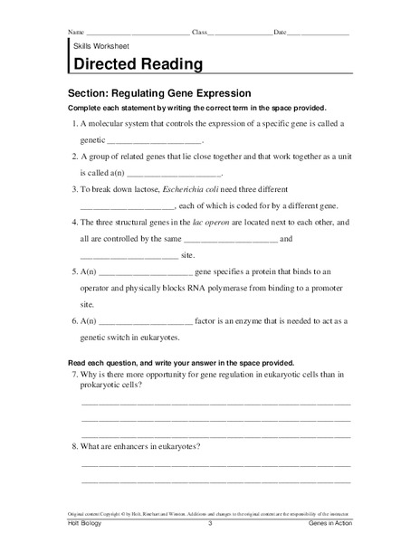 Regulating Gene Expression Worksheet