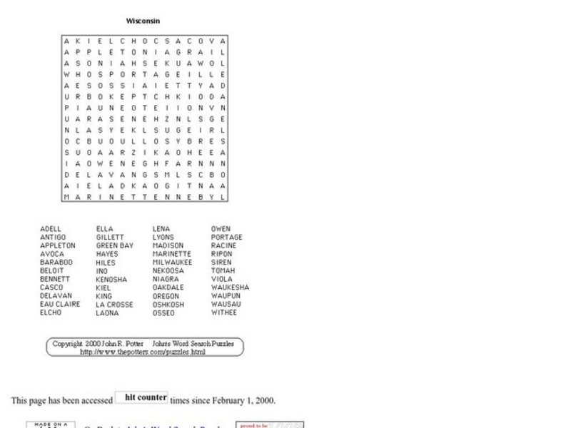 Wisconsin Word Search Worksheet