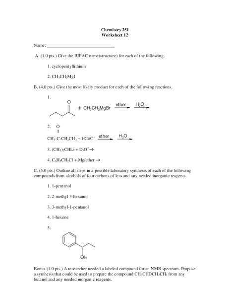 Chemical Reactions Worksheet