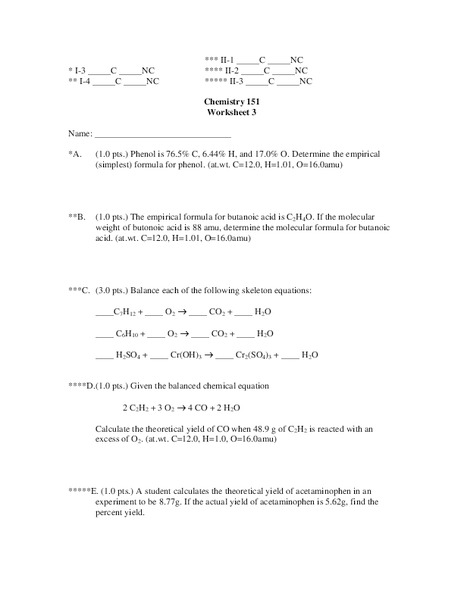 Chemical Equations Worksheet