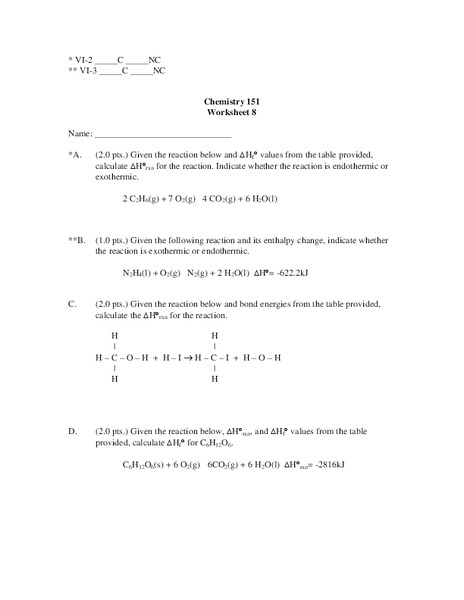 Endothermic or Exothermic Reactions Worksheet