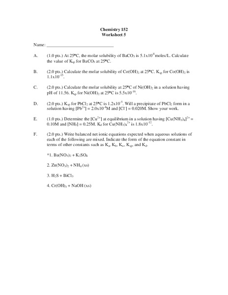 Molar Solubility Worksheet