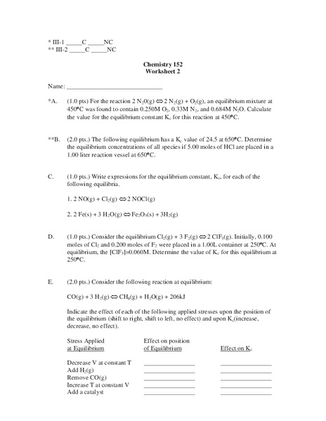Chemical Reactions at Equilibrium Worksheet