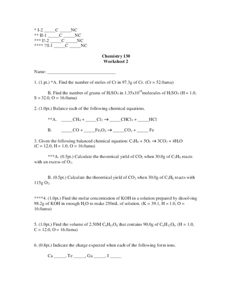 Chemistry 130 Worksheet