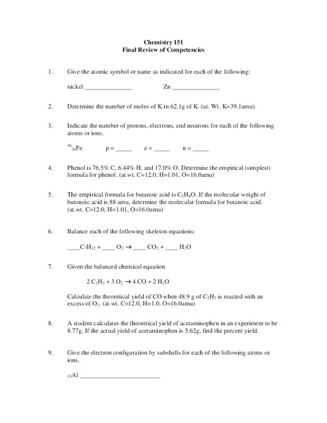 Chemistry 151 - Final Review Worksheet