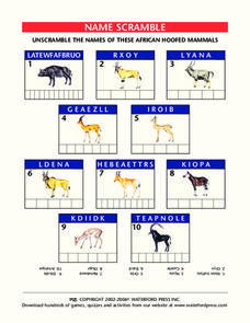 African Hoofed Mammals Name Scramble Worksheet