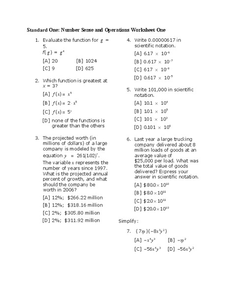 Number Sense and Operations Worksheet