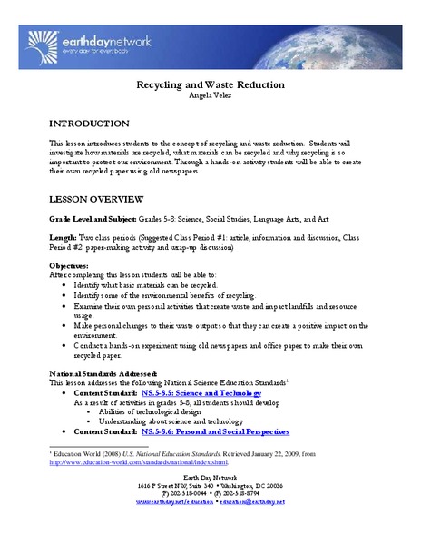 Recycling and Waste Reduction Lesson Plan
