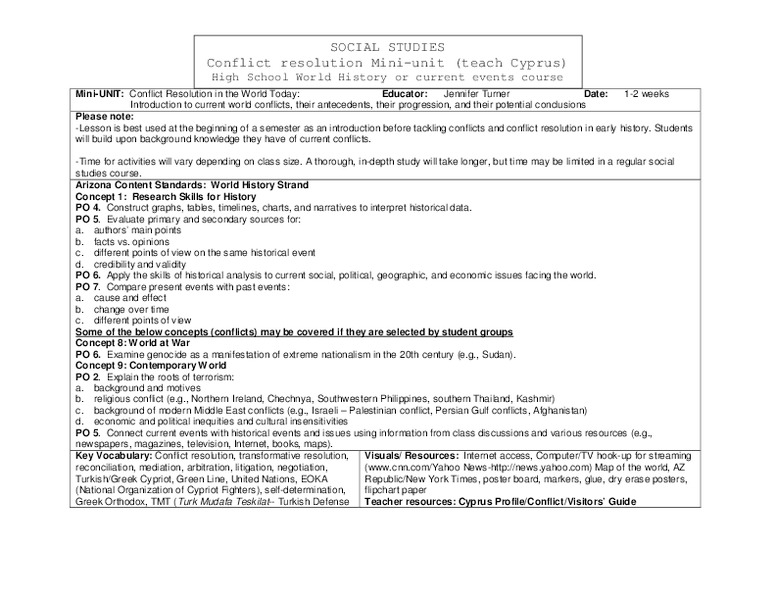 Conflict Resolution in the World Today: Introduction to Current World conflicts, their Antecendents, the Progression, and their Potential Conclusions Lesson Plan