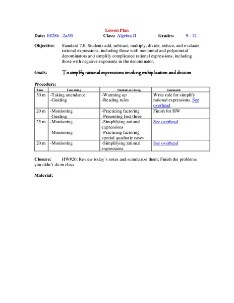 Rational Expressions Lesson Plan