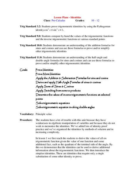 Identities and Trigonometric Values Lesson Plan