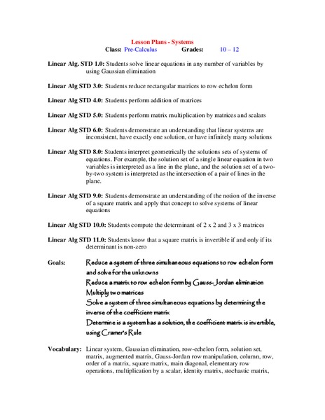 Linear Equations and Matrices Lesson Plan