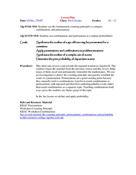Combination and Permutations Lesson Plan