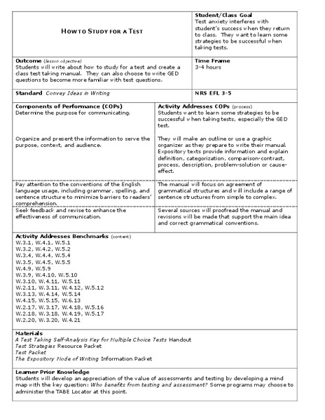 How to Study For a Test Lesson Plan