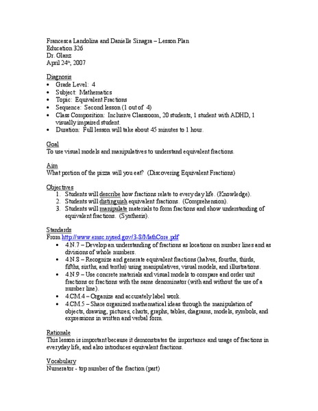 Equivalent Fractions Lesson Plan