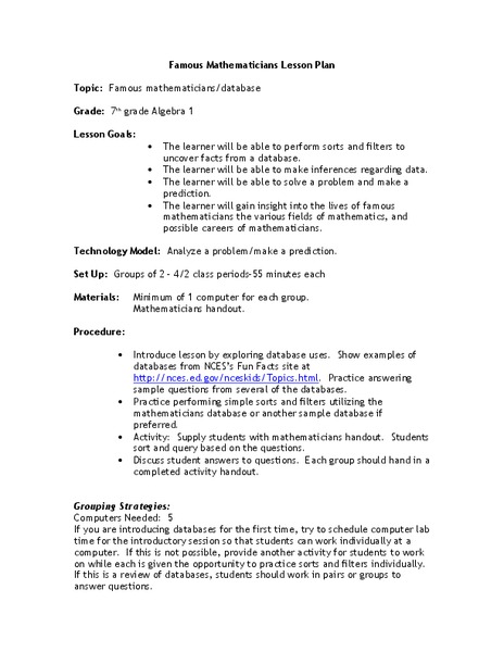 Famous Mathematicians/Database Lesson Plan
