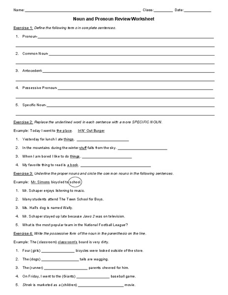 Noun and Pronoun Review  Worksheet