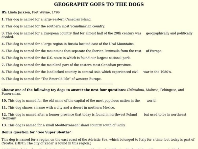 GEOGRAPHY GOES TO THE DOGS Lesson Plan