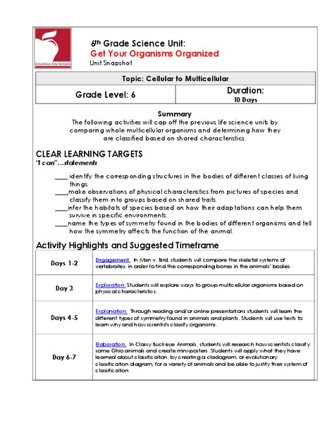 Get Your Organisms Organized Unit Plan