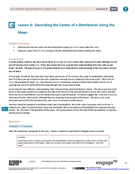 Describing the Center of a Distribution Using the Mean Lesson Plan