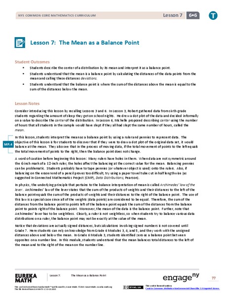 The Mean as a Balance Point Lesson Plan
