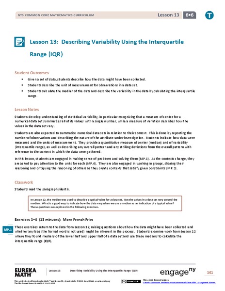 Describing Variability Using the Interquartile Range (IQR) Lesson Plan
