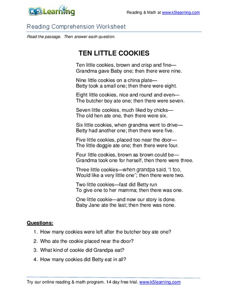 Ten Little Cookies Worksheet