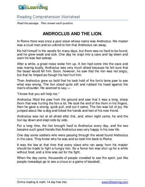 Androclus and the Lion Worksheet