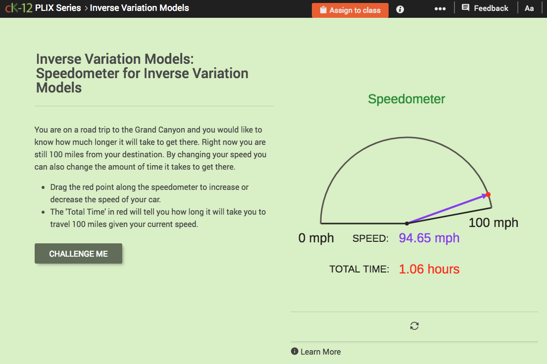 Inverse Variation Models: Speedometer for Inverse Variation Models Interactive