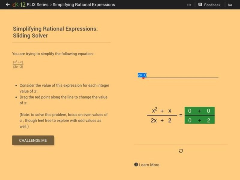 Simplifying Rational Expressions: Sliding Solver Interactive